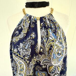 New MICHAEL Kors Paisley Chiffon Flowy High Low Dress Gold Chain S NWT Navy Blue